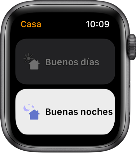 La app Casa en el Apple Watch mostrando dos ambientaciones: Buenos días y Buenas noches. La ambientación Buenas noches está resaltada.