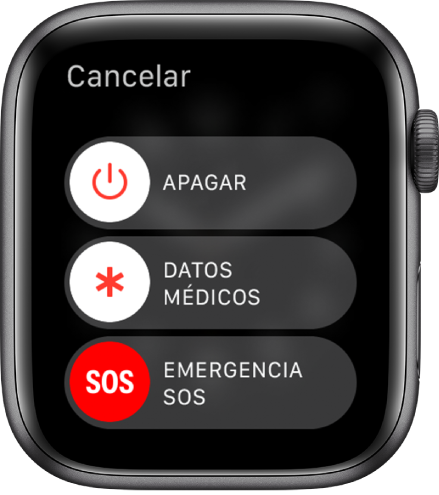 Pantalla del Apple Watch con tres reguladores: Apagar, “Datos médicos” y “Emergencia SOS”. Arrastra el regulador Apagar para apagar el Apple Watch.