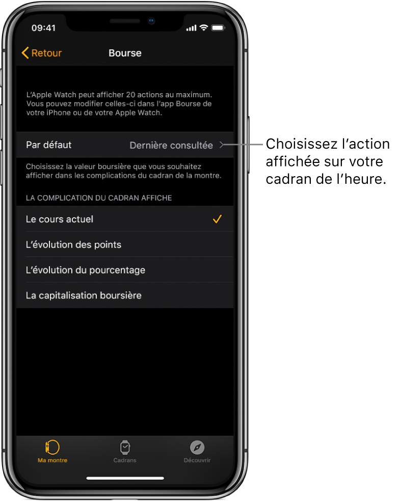 Écran de réglage Bourse de l’app Apple Watch sur un iPhone proposant de choisir l’action par défaut, définie sur la dernière action consultée.
