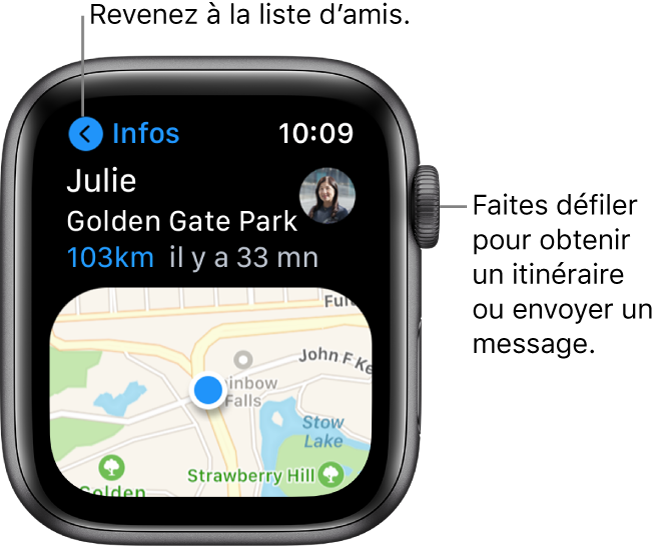 Écran affichant des détails sur la position d’un ami, notamment la distance vous en séparant et sa position sur un plan. Une légende pointe vers la Digital Crown et indique « Faites défiler pour obtenir l’itinéraire ou envoyer un message ».