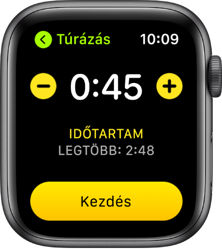 A célok képernyője: fent látható az idő, két oldalt a - és a + gomb, alul pedig az Indítás gomb.