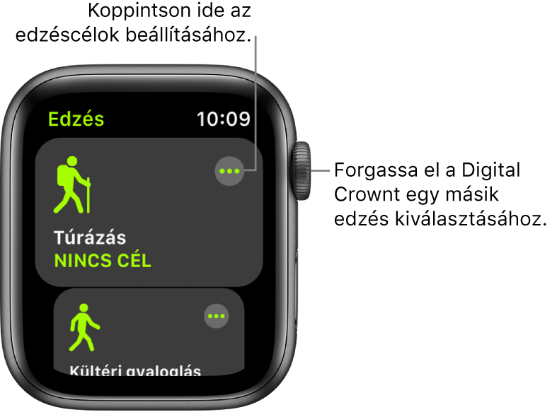 Az Edzés gyűrű kiemelt Túrázás edzéssel. A jobb felső sarokban egy Továbbiak gomb található. A Kültéri gyaloglás edzés egy része lentebb látható.