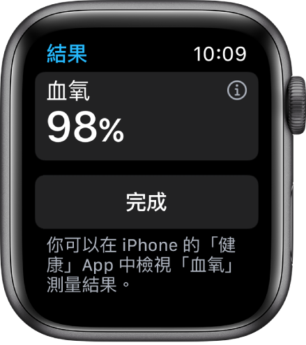 「血氧」結果畫面顯示血氧飽和度為百分之 98。下方是「完成」按鈕。