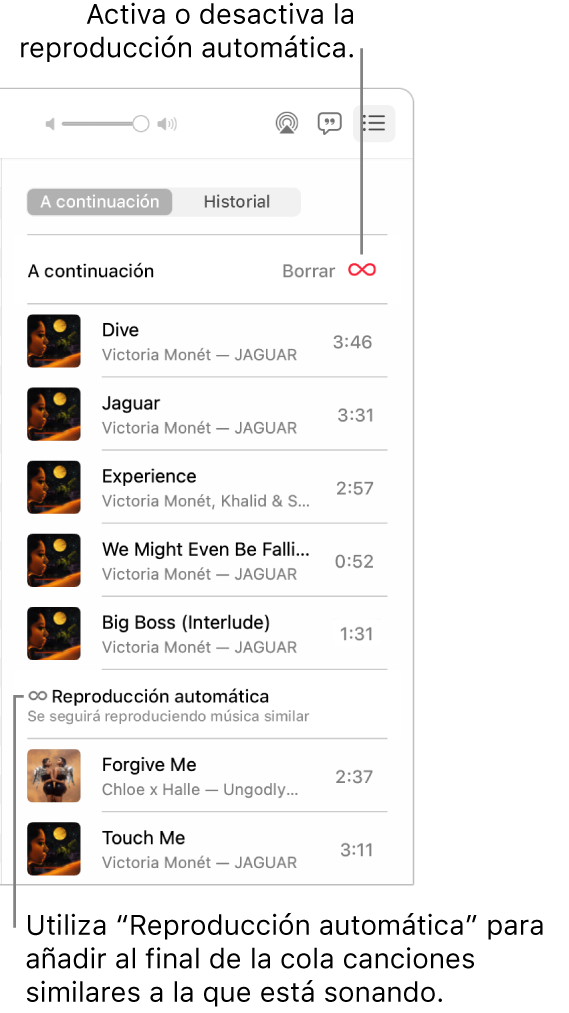 La cola “A continuación”. Haz clic en el botón de reproducción automática para activarla o desactivarla. Si está activada la reproducción automática, se añaden canciones similares al final de la cola.
