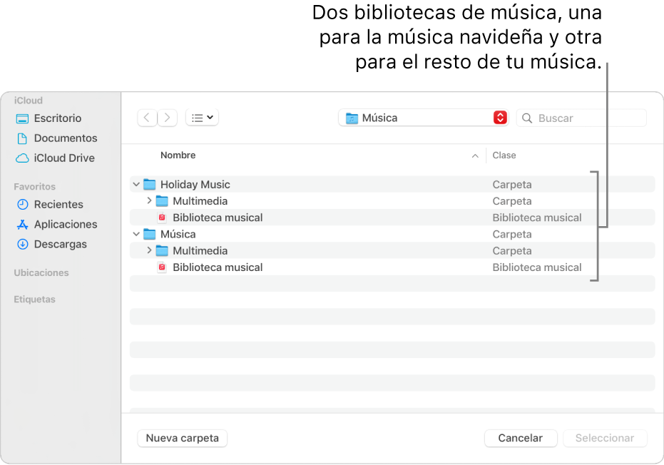 La ventana del Finder con varias bibliotecas: una para la música de las vacaciones y la otra para el resto de la música.