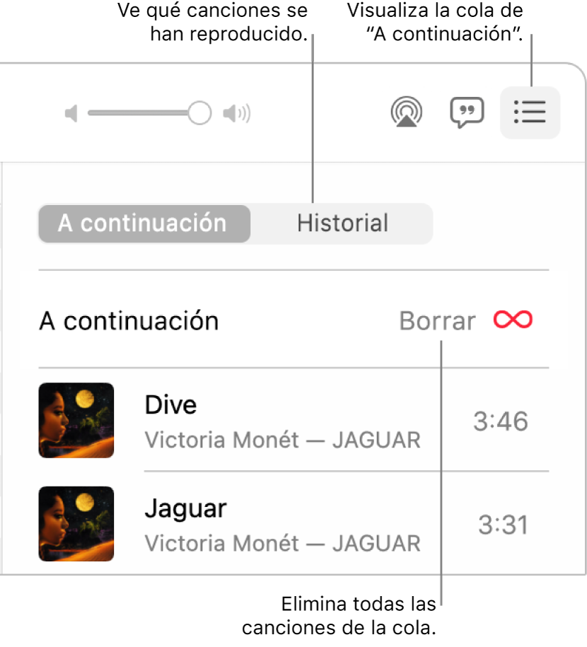 La esquina superior derecha de la ventana Música con el botón “A continuación” en la tira que muestra la cola “A continuación”. Haz clic en el enlace Historial, para ver las canciones que se han reproducido previamente. Haz clic en el enlace Borrar para eliminar todas las canciones de la cola.