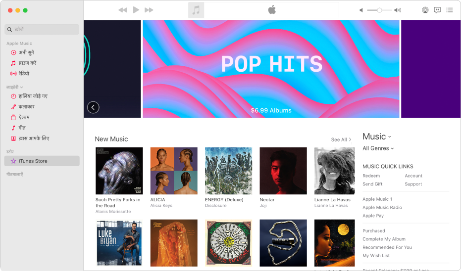 iTunes Store मुख्य विंडो: साइडबार में, iTunes Store चिह्नांकित होता है।
