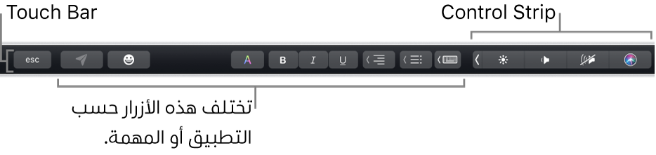 الـ Touch Bar على امتداد الجزء العلوي من لوحة المفاتيح، وتظهر به أزرار تختلف حسب التطبيق أو المهمة على اليسار، والـ Control Strip المطوي على اليمين.