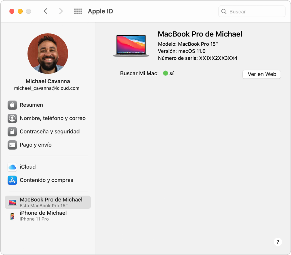 El panel de preferencias de Apple ID mostrando una barra lateral de los distintos tipos de opciones de cuentas que puedes usar y la lista “Dispositivos de confianza” de una cuenta existente.
