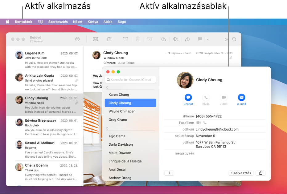 Példa több megnyitott ablakkal, de egyetlen aktív alkalmazással rendelkező íróasztalra.