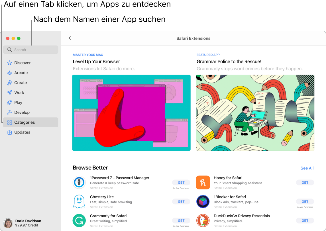 Das App Store-Fenster zeigt das Suchfeld und eine Seite mit Safari-Erweiterungen.