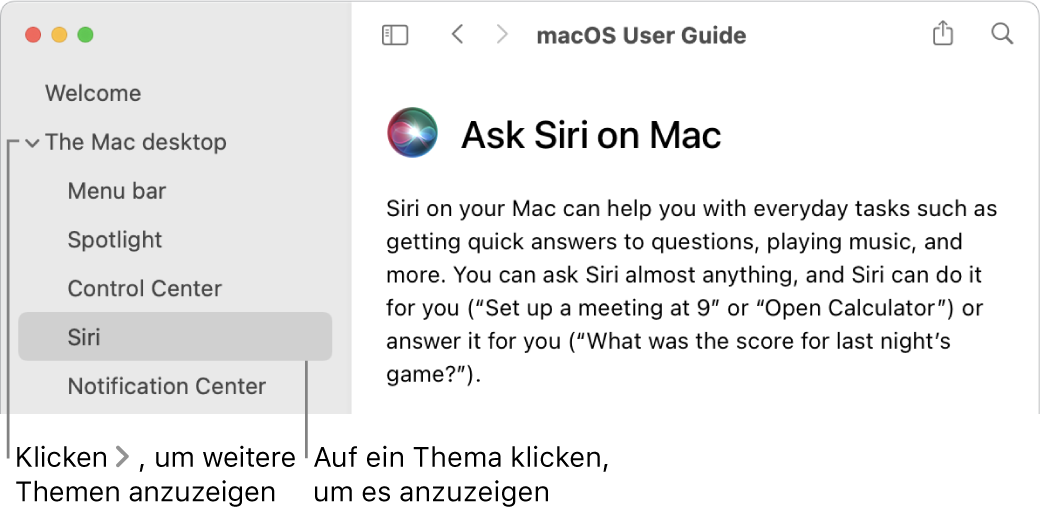 Help Viewer mit Informationen, wie Themen in der Seitenleiste aufgelistet werden und wie der Inhalt eines Themas angezeigt wird