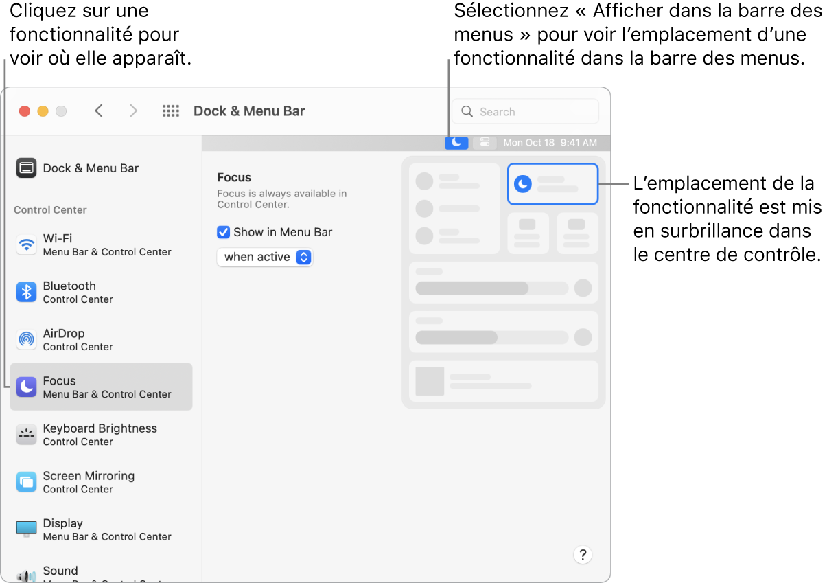 La fenêtre des préférences « Dock et barre des menus ».
