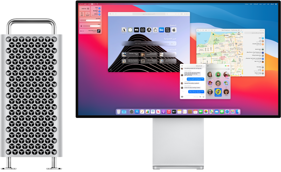 كمبيوتر Mac Pro Tower وشاشة Pro Display XDR جنبًا إلى جنب.