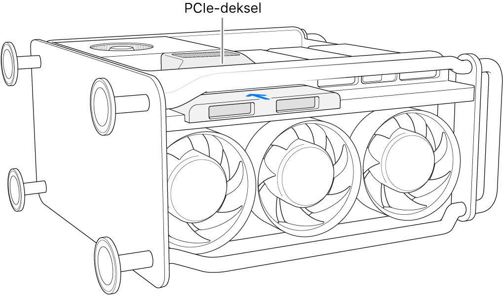Mac Pro lagt på siden. PCIe- og SSD-dekslet vises.