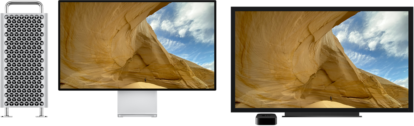 Skjerminnholdet fra en Mac Pro vises på en stor HDTV ved hjelp av Apple TV.
