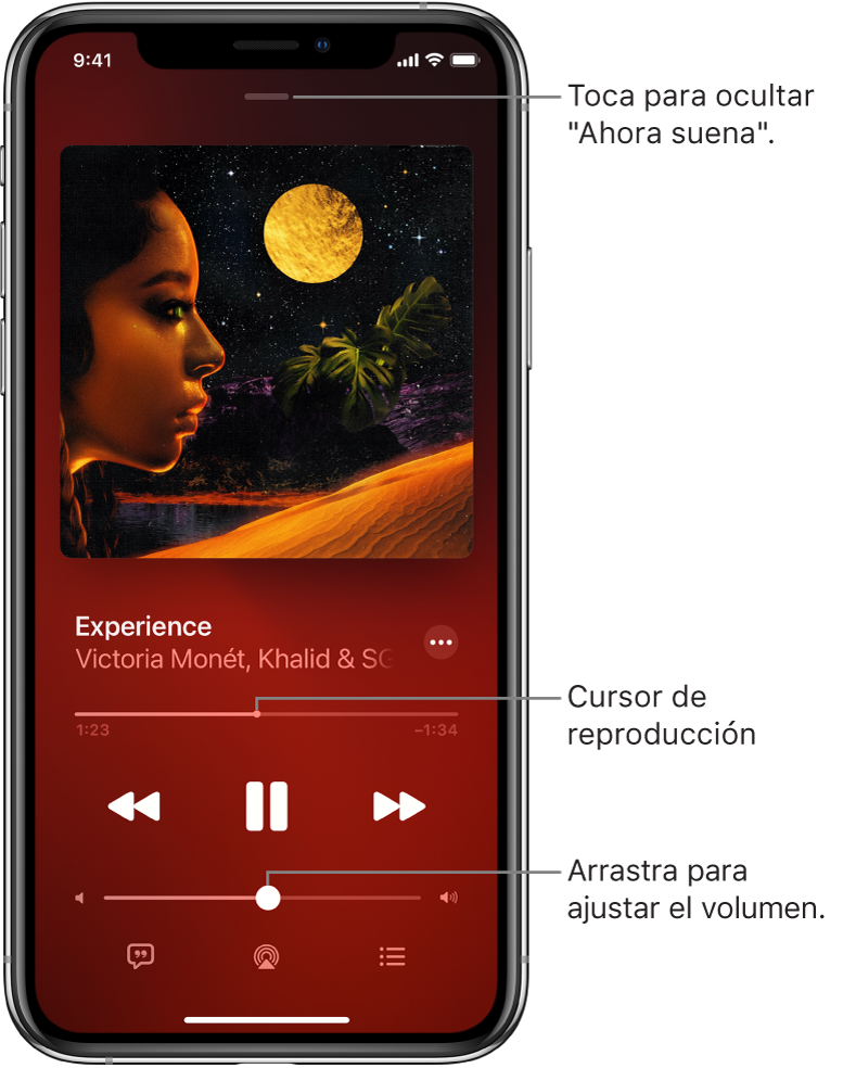 La pantalla "Ahora suena" mostrando la ilustración del álbum. Debajo se encuentra el nombre de la canción, el nombre del artista, el botón Más, el cursor de reproducción, los controles de reproducción, el regulador del volumen, el botón para ver la letra de la canción, el botón "Destino de la reproducción" y el botón Fila. El botón "Ocultar ahora suena" se sitúa en la parte superior.