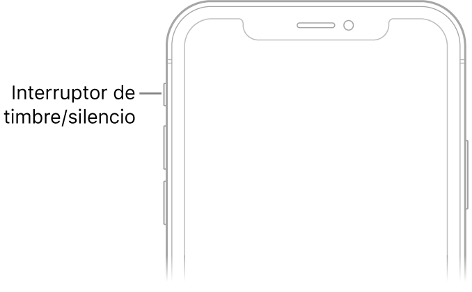 Parte superior del frente del iPhone con un texto que indica dónde está el interruptor de tono/silencio.