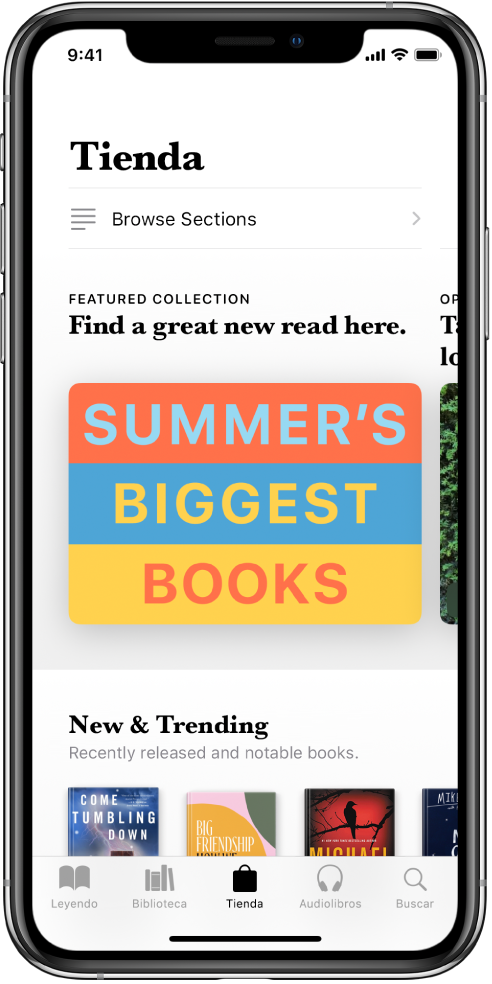 En la app Libros, se muestra una pantalla de la tienda. En la parte inferior de la pantalla, de izquierda a derecha, se encuentran las pestañas Leyendo, Biblioteca, Tienda, Audiolibros y Buscar; la pestaña Tienda está seleccionada. La pantalla también muestra libros y categorías de libros que se pueden explorar y comprar.