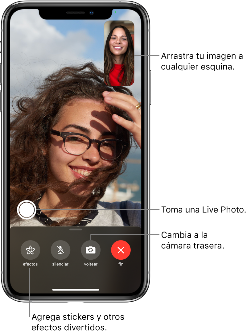 La pantalla de FaceTime mostrando una llamada en progreso. Tu foto aparece en un rectángulo pequeño en la parte superior derecha, y la imagen de la otra persona llena el resto de la pantalla. A lo largo de la parte inferior de la pantalla se muestran los botones Efectos, Silencio, Voltear y Finalizar. El botón para tomar una Live Photo se encuentra arriba de ellos.