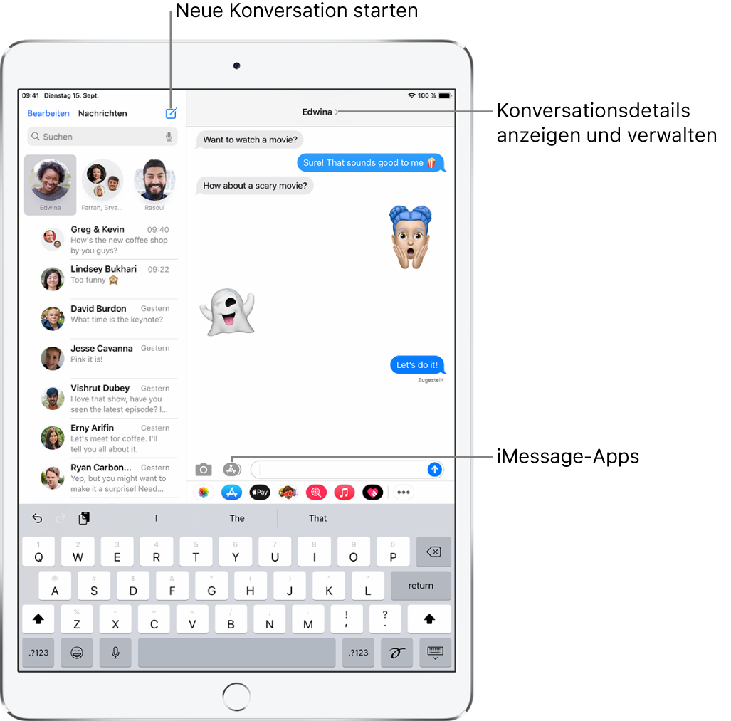Die Nachrichtenliste auf der linken Seite und eine Konversation auf der rechten Seite.
