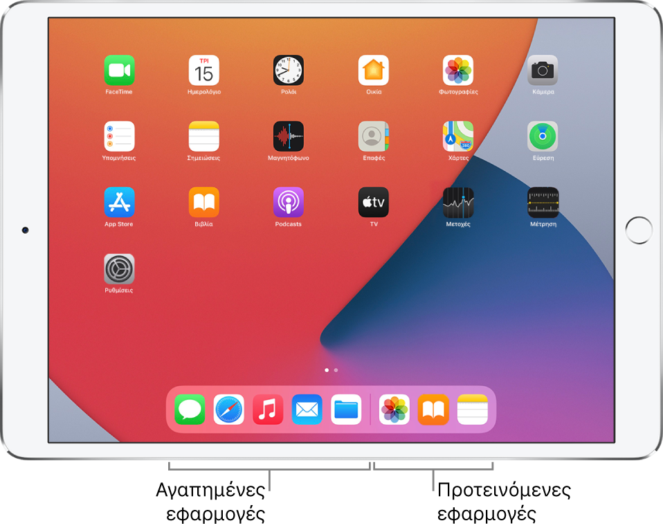 Το Dock όπου φαίνονται πέντε αγαπημένες εφαρμογές στα αριστερά και τρεις προτεινόμενες εφαρμογές στα δεξιά.