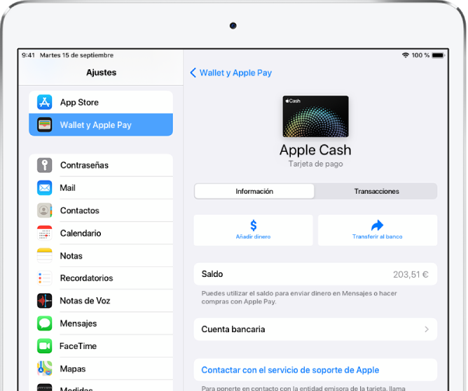 Pantalla de detalles de la tarjeta Apple Cash con el saldo en la esquina superior derecha.