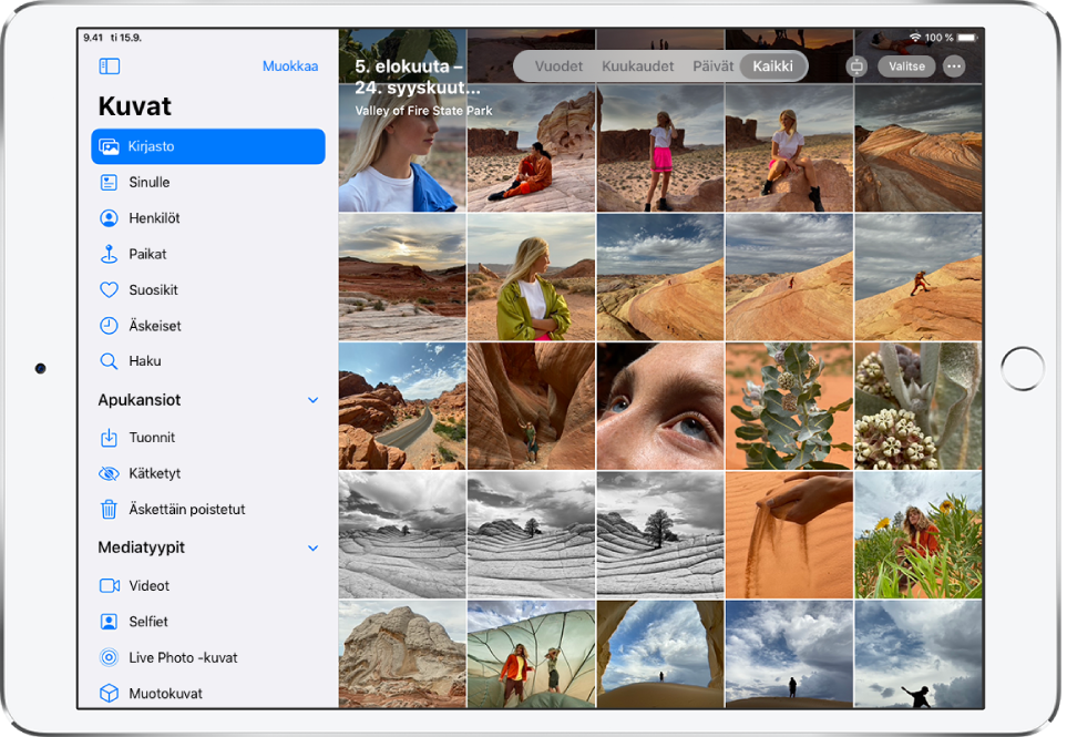 Kuvat-apin näytön vasemmassa reunassa on sivupalkki, jossa on valittavissa Kirjasto, Sinulle, Ihmiset, Paikat ja muita kategorioita. Valittuna on Kirjasto. Muussa näytössä näkyy kuvakirjaston Kaikki kuvat -näkymä. Kuvakirjaston yläreunassa näkyvät kuvien päivämäärä ja kuvauspaikka. Ylhäällä keskellä ovat valinnat kuvien näyttämiseen vuosien, kuukausien tai päivien mukaan ja kaikkien kuvien näyttämiseen. ”Kaikki kuvat” on valittuna. Näytön oikeassa yläkulmassa ovat Kuvasuhde-, Valitse- ja Lisää-painikkeet.