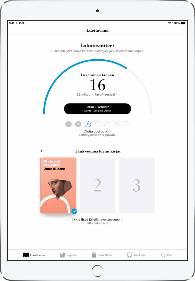 Lukutavoitteet-osio Luettavana-kohdassa. Lukulaskuri näyttää, että 10 minuuttia 20 minuutin tavoitteesta on suoritettu. Laskurin alla on painike lukemisen jatkamiselle sekä ympyrät, joissa näkyvät viikonpäivät sunnuntaista lauantaihin. Sunnuntain ja maanantain ympyrät ovat siniset, mikä tarkoittaa, että lukutavoite on saavutettu. Tiistain ympyrän reunus on puoliksi korostettu, mikä kertoo kyseisen päivän edistymisen. Ympyrät keskiviikosta lauantaihin ovat harmaita. Näytön keskellä näkyy Tänä vuonna luetut kirjat. Kolme neliötä merkitsevät kolmen kirjan lukutavoitetta. Yhdessä neliössä on kirjan kansi, mikä merkitsee, että vuoden aikana on luettu yksi kirja.