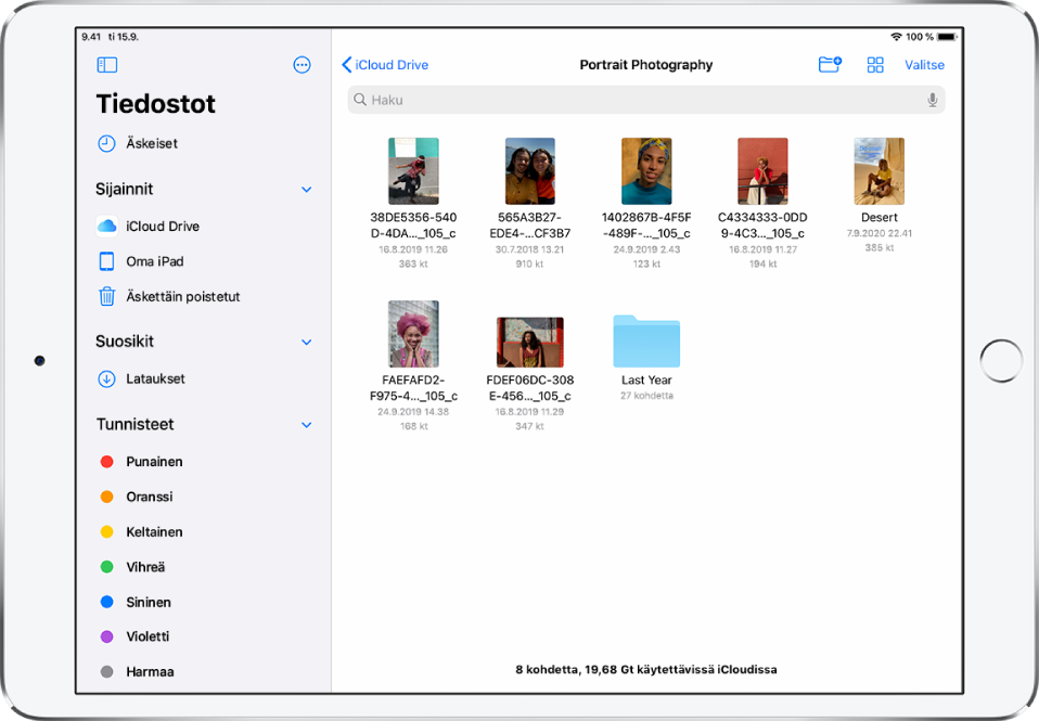 Tiedostot-appi, jossa näkyy Selaa-sivupalkki vasemmalla ja iCloud Drive ‑sijainnin kansiot oikealla.