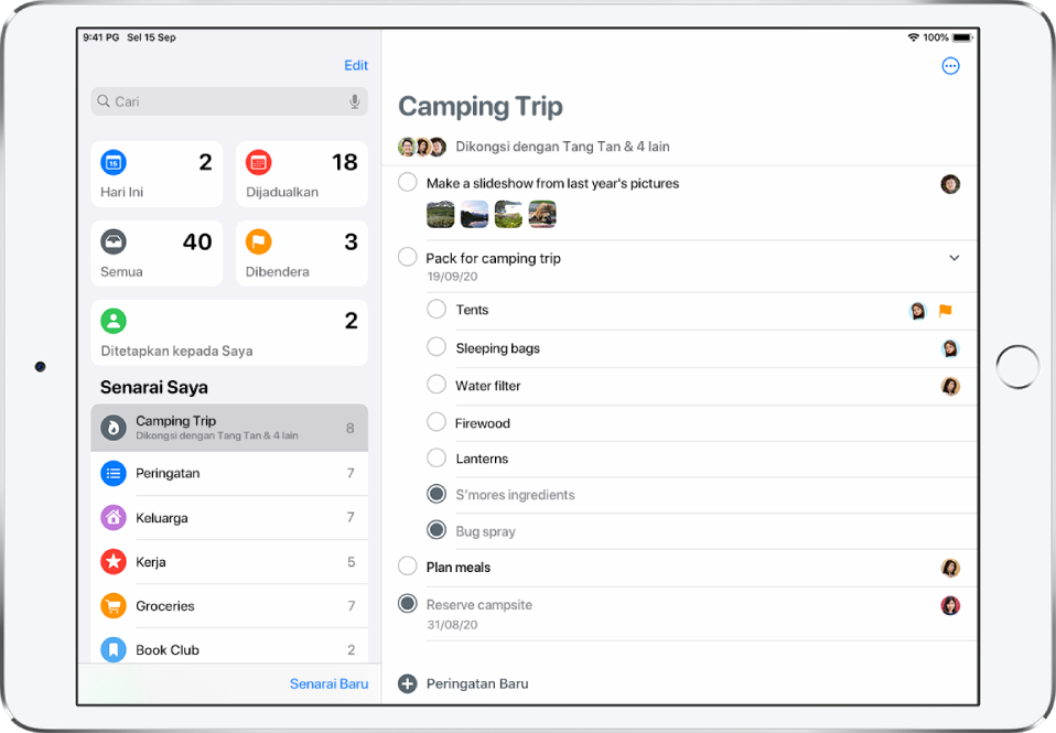 Skrin Peringatan menunjukkan senarai peringatan di sebelah kiri dan senarai yang dipanggil Lawatan Perkhemahan di sebelah kanan. Butang Peringatan Baru di bahagian tengah bawah.
