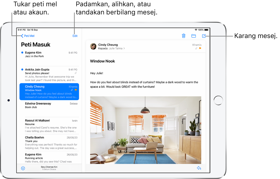 Peti Masuk Mail, dengan senarai e-mel di bahagian kiri dan jaluran e-mel terbuka di bahagian kanan. Butang Peti Mel untuk bertukar ke peti mel lain berada di penjuru kanan atas. Butang untuk menapis e-mel supaya hanya beberapa jenis e-mel ditunjukkan berada di penjuru kiri bawah. Butang untuk mengarang e-mel baru berada di penjuru kanan atas.