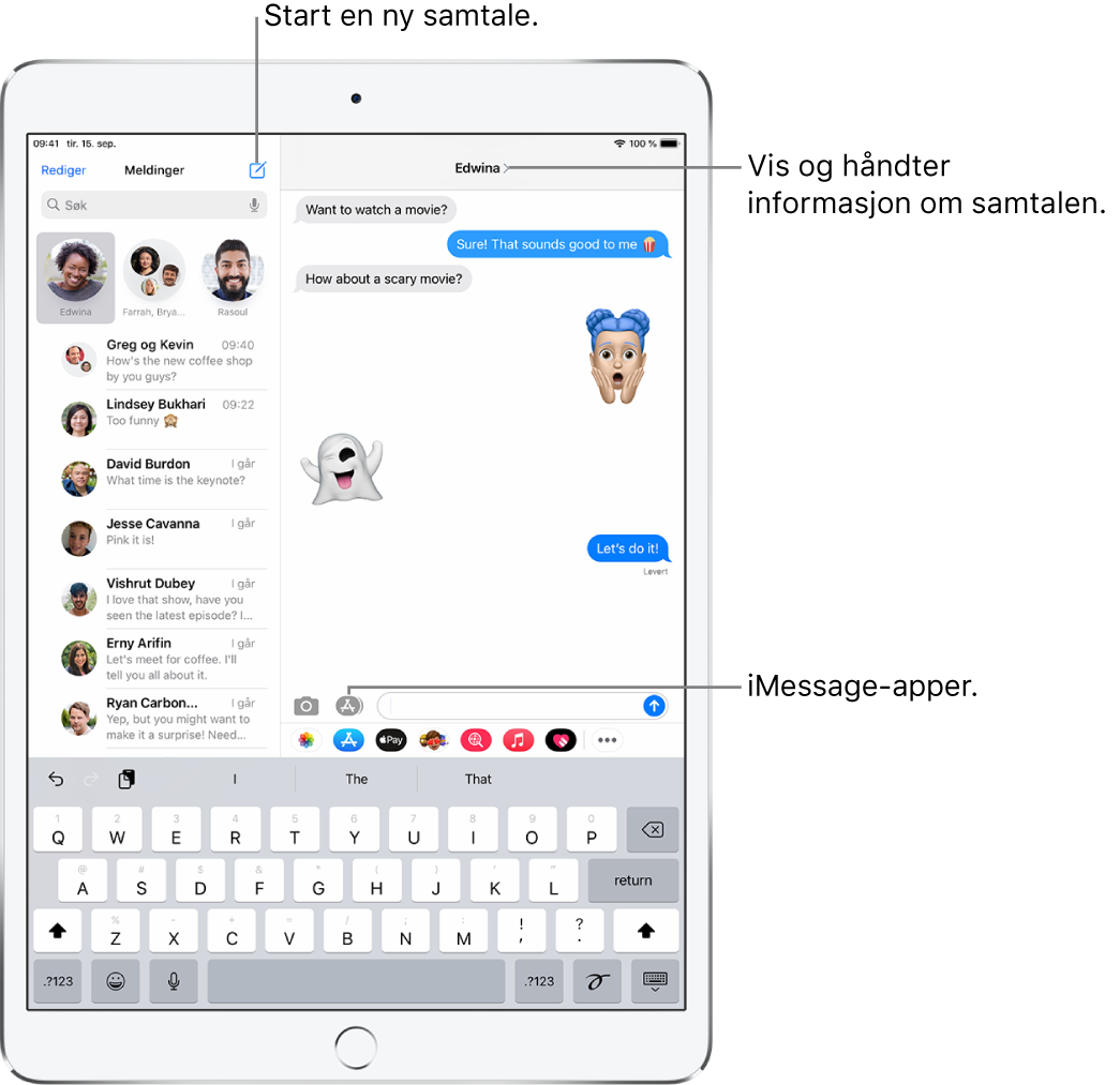 Meldinger-listen til venstre og en samtale til høyre.