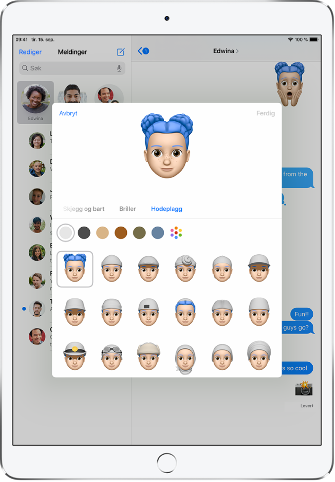 Skjermen for å opprette en Memoji, der figuren som opprettes, vises øverst med karaktertrekkene som kan tilpasses, under figuren. Valgene for det valgte karaktertrekket vises nederst. Ferdig-knappen er øverst til høyre, og Avbryt-knappen er øverst til venstre.