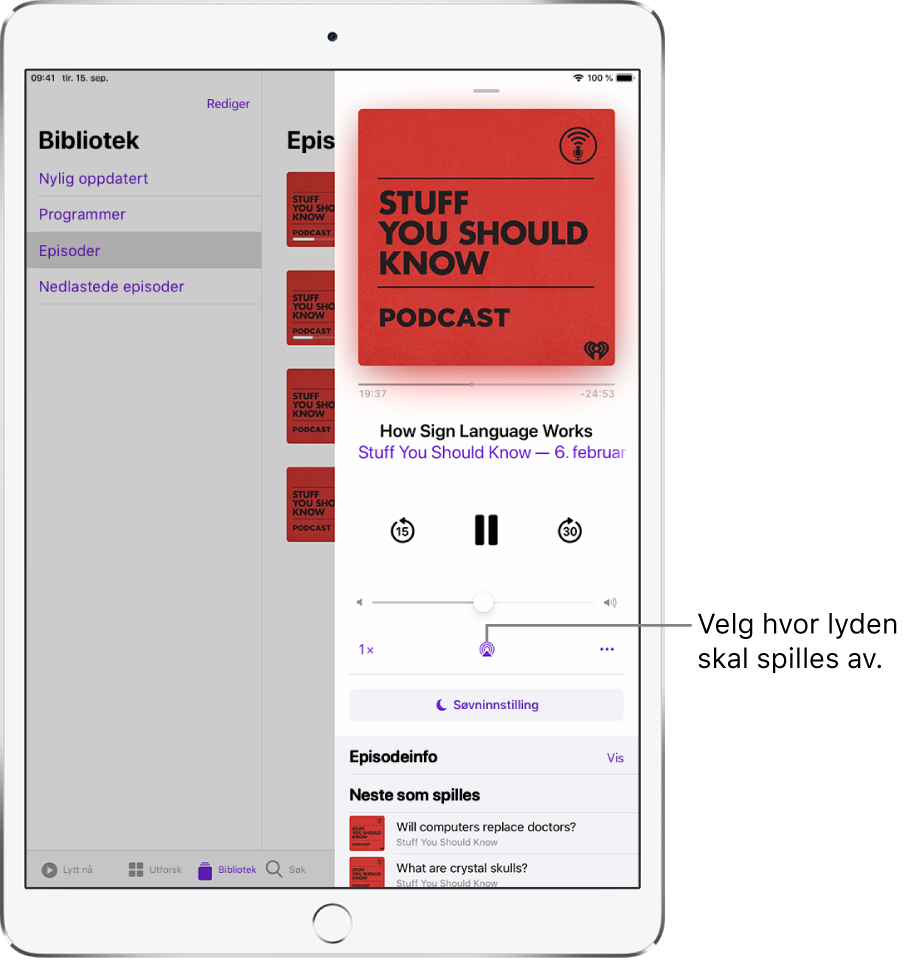 Spilles nå-kontrollene for Musikk. Avspillingsmål-knappen vises nederst på skjermen.