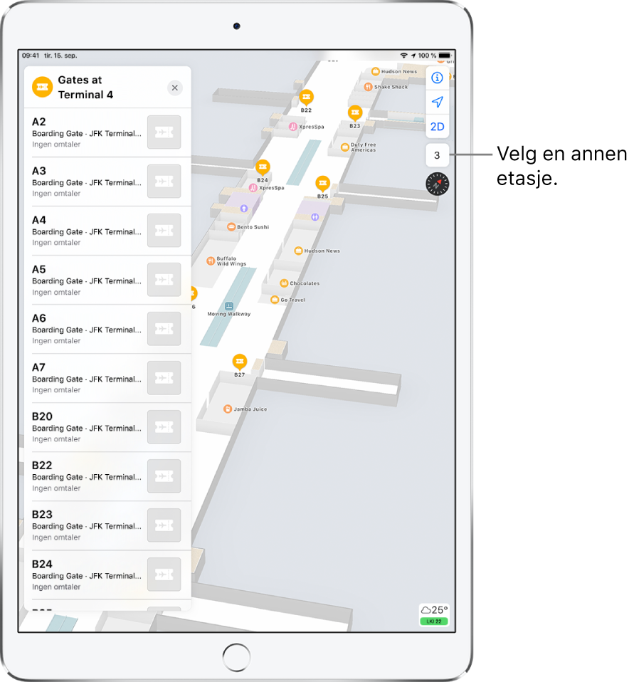 Et innendørskart over en flyplassterminal. Kartet viser bedrifter og ombordstigningsgater. På venstre side av skjermen er et kort som viser gater i terminal 4.