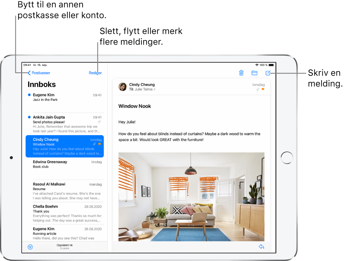 Innboksen i Mail, med listen over e-poster til venstre og en åpen e-posttråd til høyre. Postkasser-knappen for å bytte til en annen postkasse er øverst til venstre. Knappen for å filtrere e-poster slik at kun bestemte typer e-poster vises, er nederst til venstre. Knappen for å skrive en ny e-post er øverst til høyre.