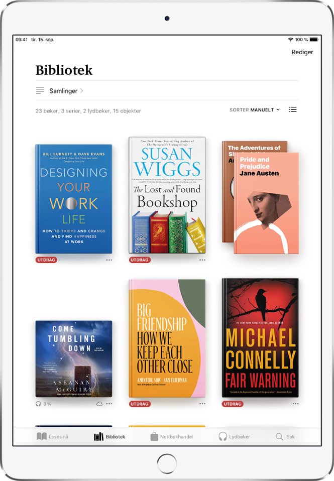 Bibliotek-skjermen i Bøker-appen. Øverst på skjermen er Samlinger-knappen og sorteringsvalg. Sorteringsvalget Sist åpnet er valgt. Midt på skjermen vises omslag til bøker i biblioteket. Nederst på skjermen, fra venstre mot høyre vises fanene Leses nå, Bibliotek, Nettbokhandel, Lydbøker og Søk.