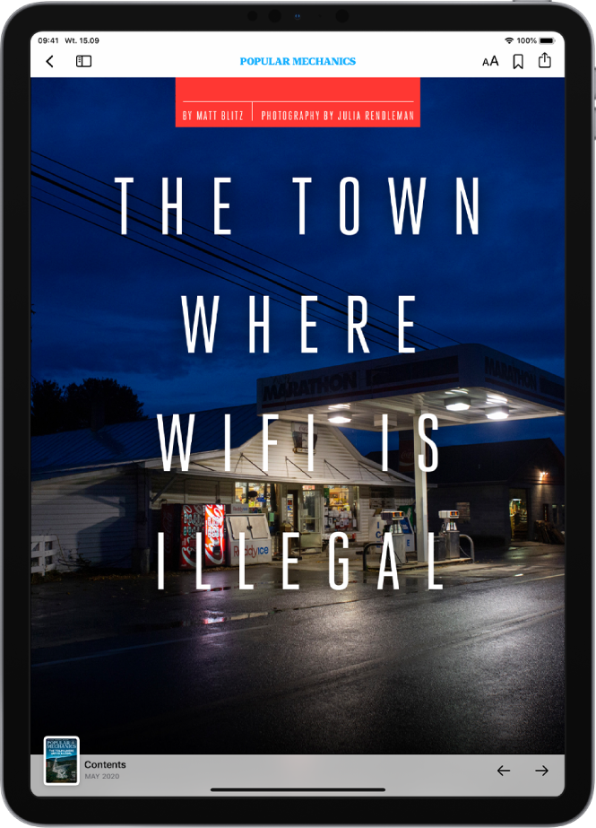 Ekran zawierający wydanie czasopisma. W lewym górnym rogu widoczny jest przycisk do przechodzenia wstecz oraz przycisk paska bocznego. W prawym górnym rogu widoczne są przyciski Tekst sajz (Wielkość tekstu), Sejw (Zachowaj) i Szer (Udostępnij). U góry po środku ekranu widoczna jest nazwa danego tytułu. Poniżej przycisków wyświetlany jest nagłówek oraz obrazek. Na dole ekranu znajduje się przycisk zawartości (reprezentowany przez miniaturkę okładki czasopisma), a w prawym dolnym rogu są przyciski umożliwiające przechodzenie wstecz i dalej.