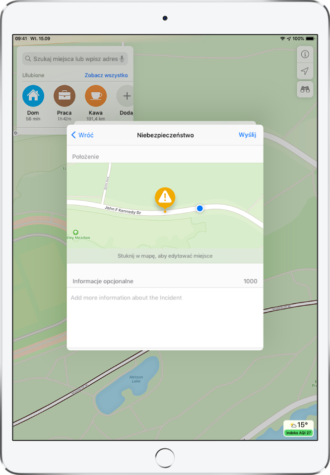 Zgłoszenie niebezpieczeństwa na drodze; w prawym górnym rogu wyświetlany jest przycisk Wyślij.