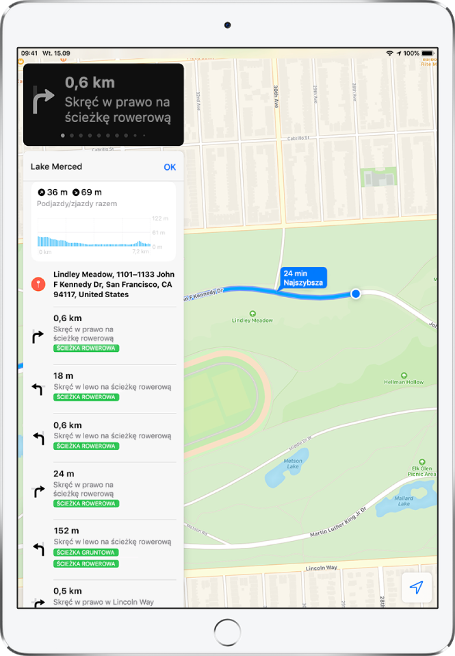 Mapa przedstawiająca fragment trasy przejazdu rowerem. Po lewej stronie widoczna jest szczegółowa lista wskazówek.