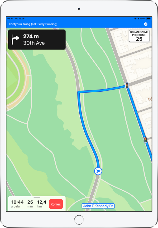 Mapa przedstawiająca trasę jazdy samochodem. U góry ekranu widoczny jest niebieski baner, umożliwiający kontynuowanie trasy do początkowego celu.