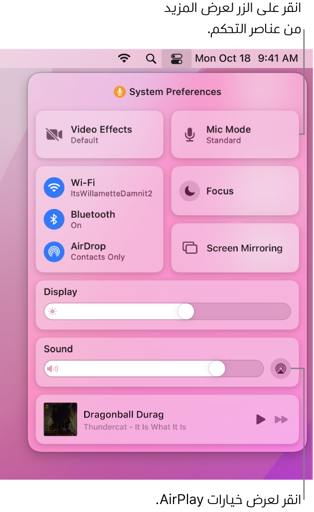 عرض مُكبَّر لمركز التحكم على الـ Mac.
