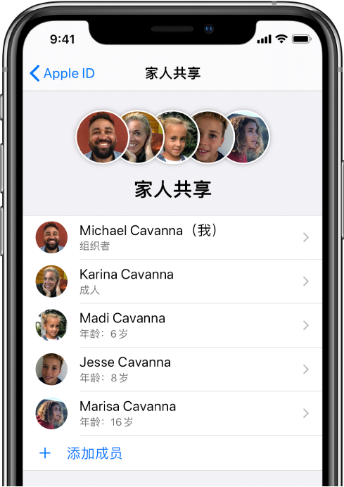 “设置”中的“家人共享”屏幕。其中列出了五名家庭成员,“添加成员”显示在屏幕底部。