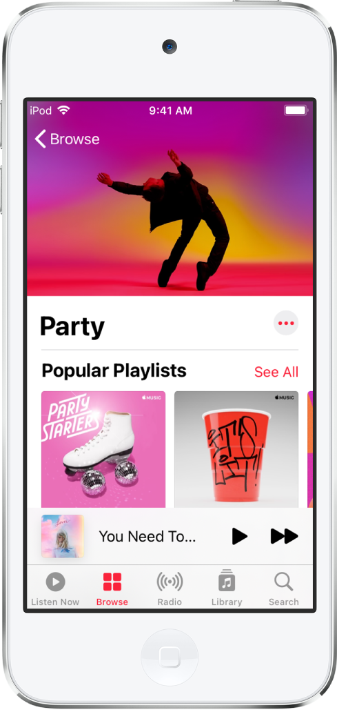 L’écran Explorer d’Apple Music affichant les playlists Soirée.