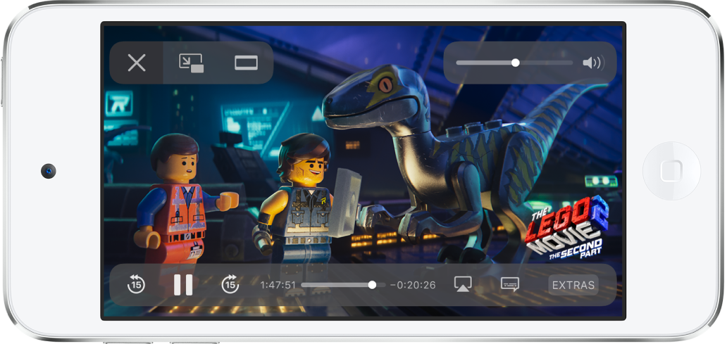 Un film en cours de visionnage, avec les commandes de lecture affichées. Les boutons OK et Remplir se trouvent en haut à gauche. Le curseur de volume se trouve en haut à droite. En bas à gauche se trouvent les boutons permettant de revenir 15 secondes en arrière, de mettre en pause et d’avancer de 15 secondes. En bas au centre se trouve un curseur que vous pouvez faire glisser pour ajuster la position de la vidéo. Le temps passé et le temps restant s’affichent de chaque côté du curseur. En bas à droite se trouvent des boutons permettant de modifier la destination de la vidéo, d’afficher les sous-titres et de lire du contenu supplémentaire.