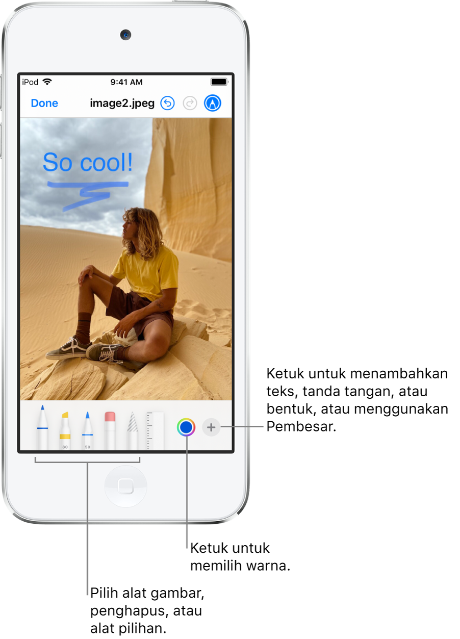 Gambar di jendela Penambahan. Di bawah gambar, dari kiri ke kanan, terdapat tombol untuk alat Markah: pena gambar, penghapus, alat pilihan, warna, dan tombol untuk menambahkan kotak teks, tanda tangan, dan bentuk, serta untuk memilih Pembesar.