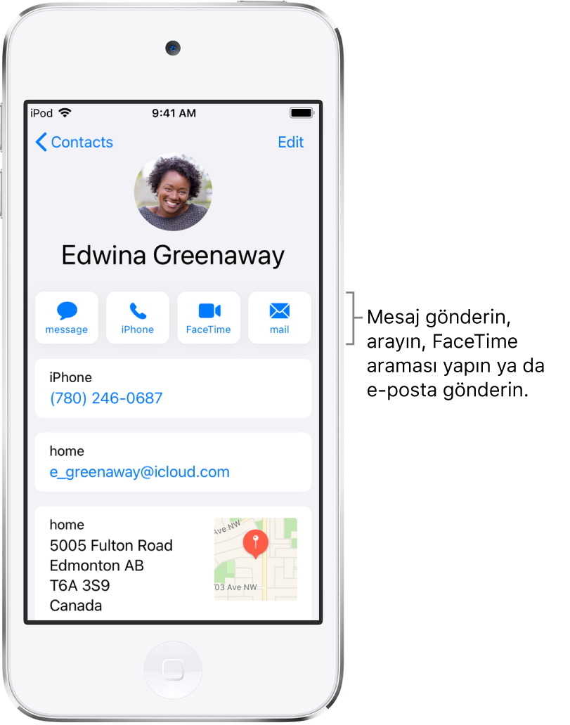 Kişi için bilgi ekranı. Kişinin fotoğrafı ve adı en üsttedir. Altında mesaj gönderme, telefon araması yapma, FaceTime araması yapma ve e-posta iletisi gönderme düğmeleri vardır. Düğmelerin altında iletişim bilgileri yer alır.