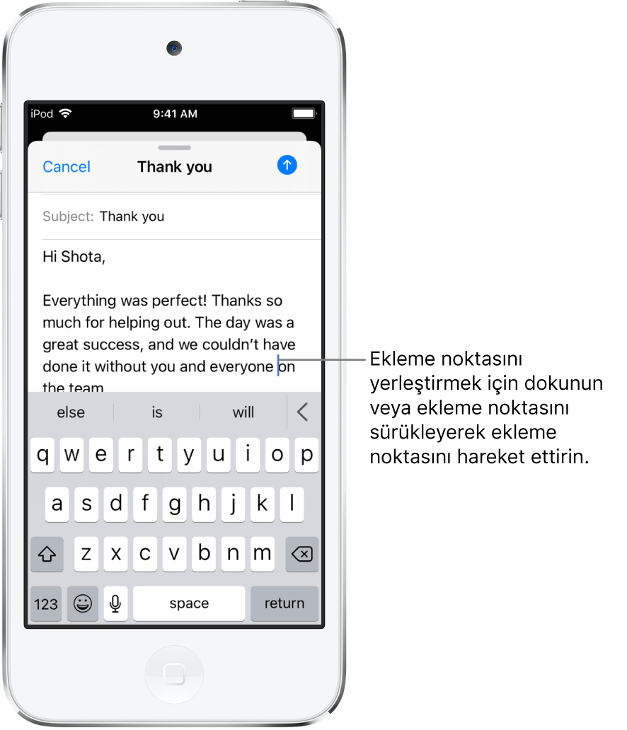 Ekleme noktasının metnin ekleneceği yere getirildiği gösterilen taslak bir e-posta.