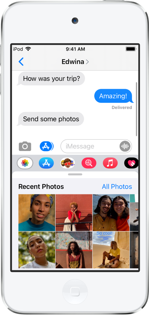 Altında iMessage Fotoğraflar uygulamasının gösterildiği bir Mesajlar yazışması. iMessage Fotoğraflar uygulamasında sol üstten başlayarak Son Fotoğraflar ve Tüm Fotoğraflar bağlantıları gösteriliyor. Onun altında sola kaydırılarak görüntülenebilen son fotoğraflar bulunuyor.